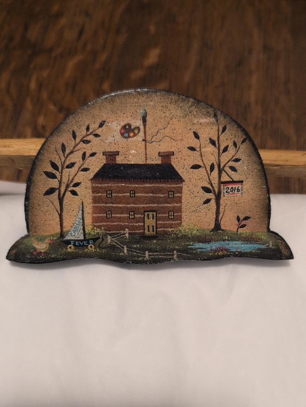 Folk Art Painted Wood House Brooch Handmade Primitive Pin